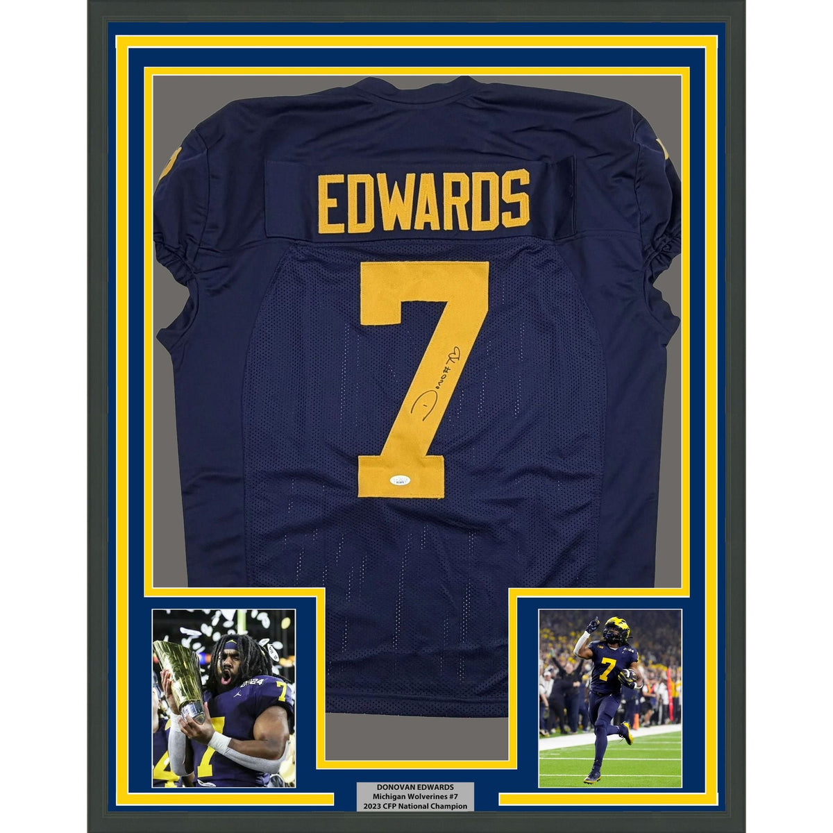 Framed Autographed/Signed Donovan Edwards 35x39 Michigan Blue College Football Jersey JSA COA