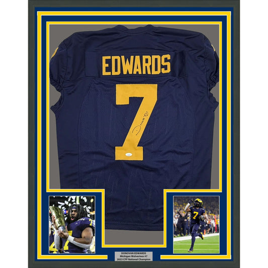 Framed Autographed/Signed Donovan Edwards 35x39 Michigan Blue College Football Jersey JSA COA