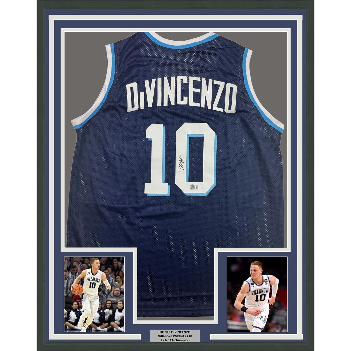 Framed Autographed/Signed Donte DiVincenzo 35x39 Villanova Blue College Basketball Jersey Beckett BAS COA