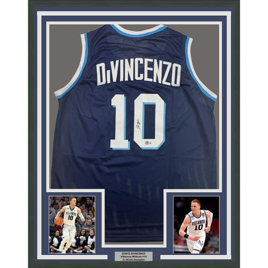 Framed Autographed/Signed Donte DiVincenzo 35x39 Villanova Blue College Basketball Jersey Beckett BAS COA