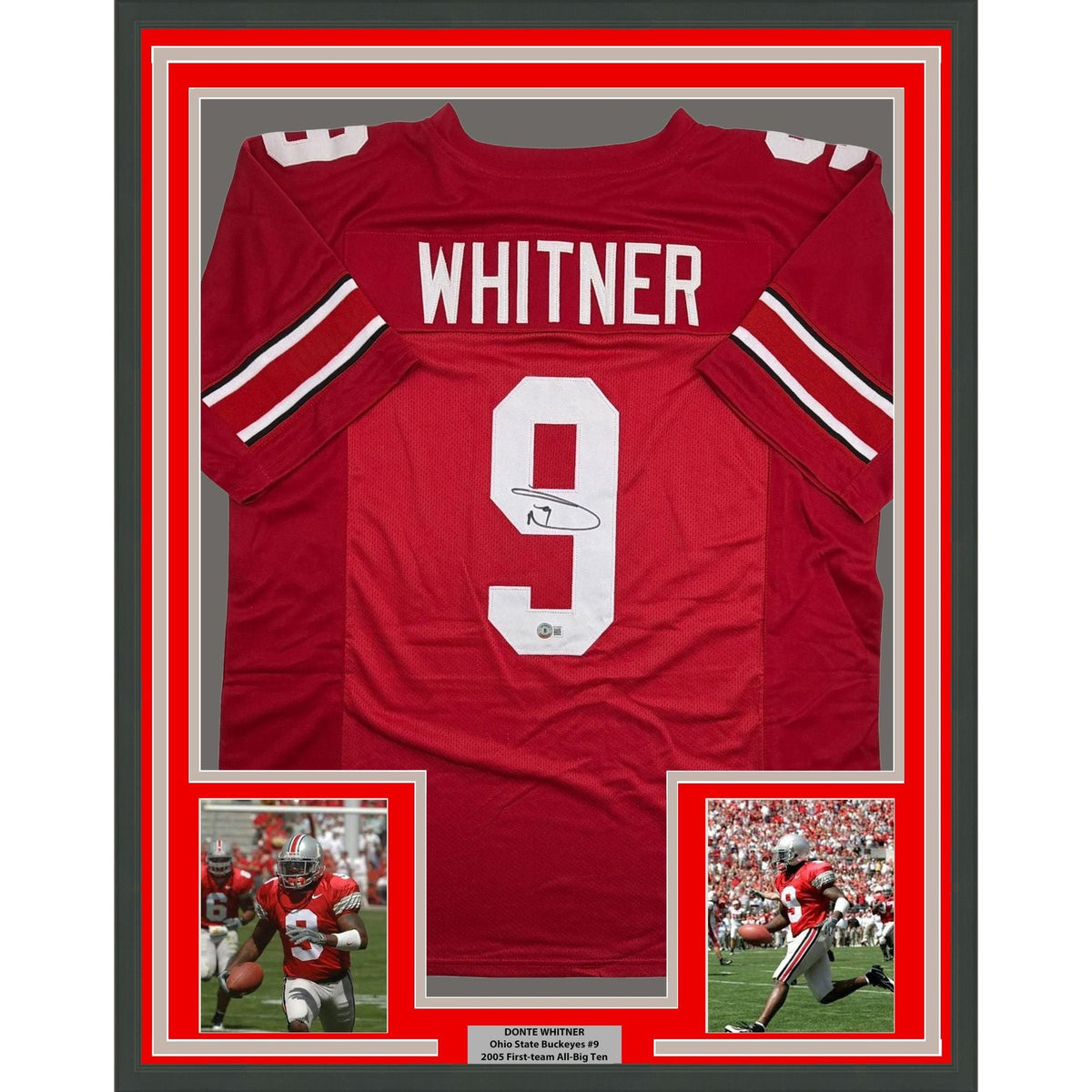 Framed Autographed/Signed Donte Whitner 35x39 Ohio State Red College Football Jersey Beckett BAS COA