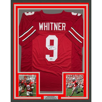 Framed Autographed/Signed Donte Whitner 35x39 Ohio State Red College Football Jersey Beckett BAS COA