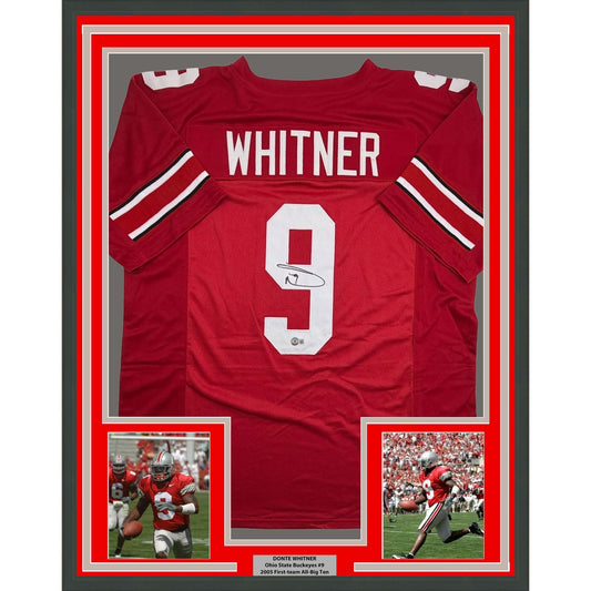 Framed Autographed/Signed Donte Whitner 35x39 Ohio State Red College Football Jersey Beckett BAS COA