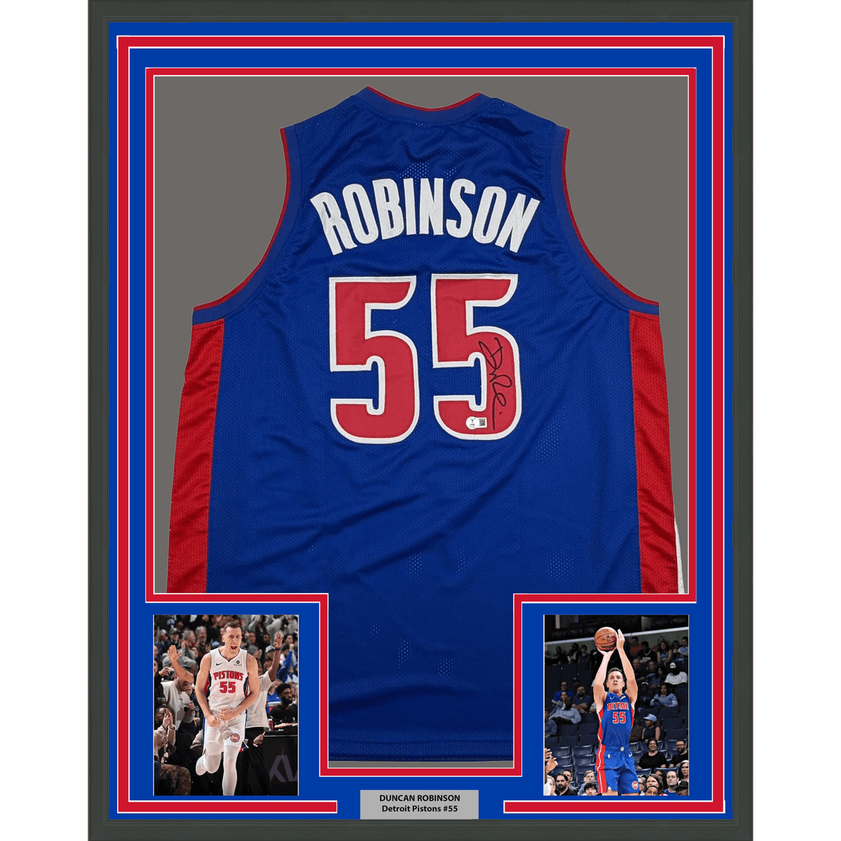 Framed Autographed/Signed Duncan Robinson 35x39 Detroit Blue Basketball Jersey Beckett BAS COA