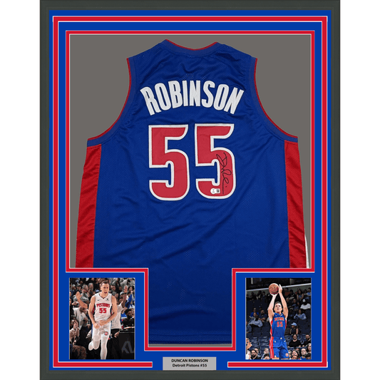 Framed Autographed/Signed Duncan Robinson 35x39 Detroit Blue Basketball Jersey Beckett BAS COA