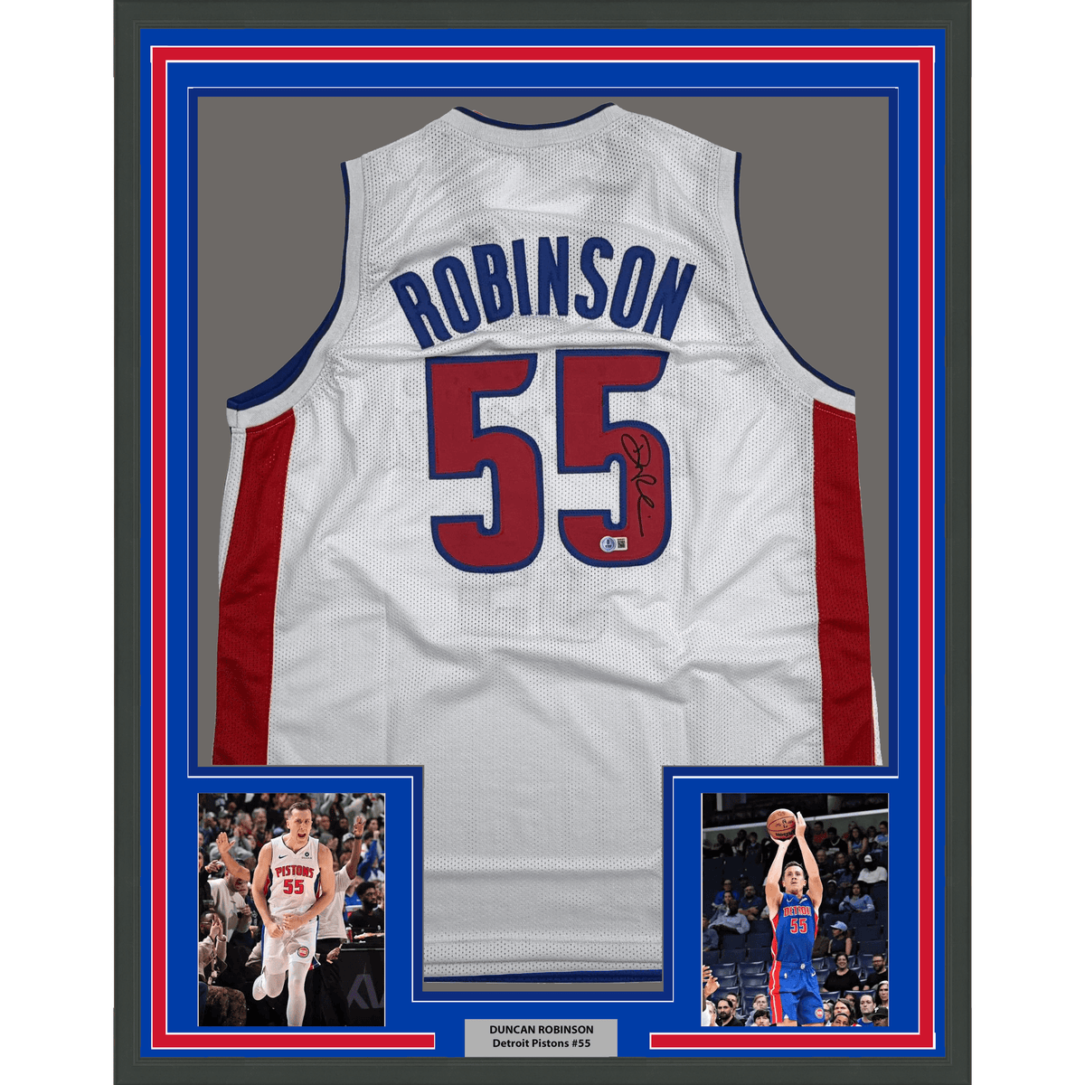 Framed Autographed/Signed Duncan Robinson 35x39 Detroit White Basketball Jersey Beckett BAS COA