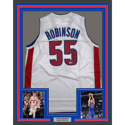 Framed Autographed/Signed Duncan Robinson 35x39 Detroit White Basketball Jersey Beckett BAS COA