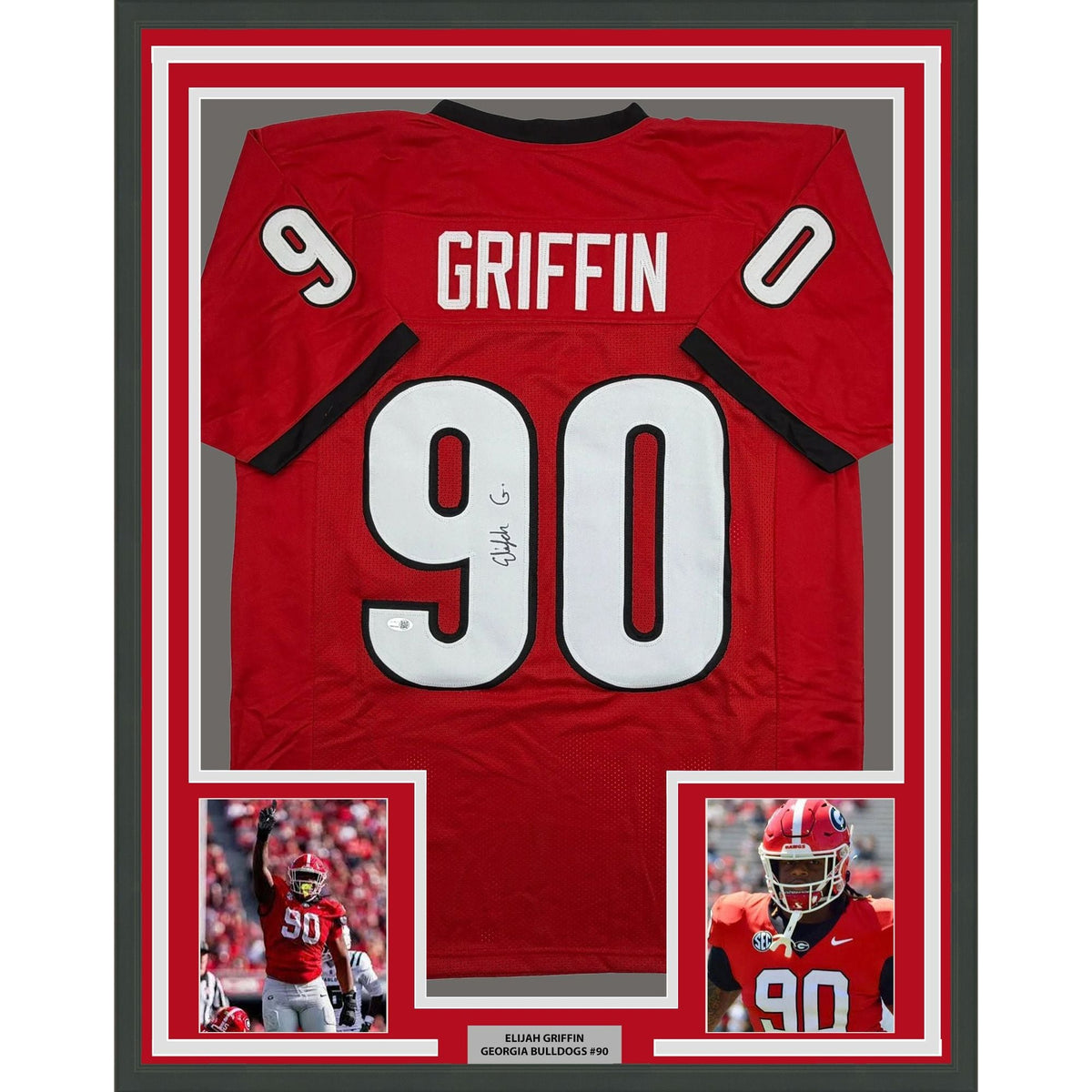 Framed Autographed/Signed Elijah Griffin 35x39 Georgia Red College Football Jersey JSA COA