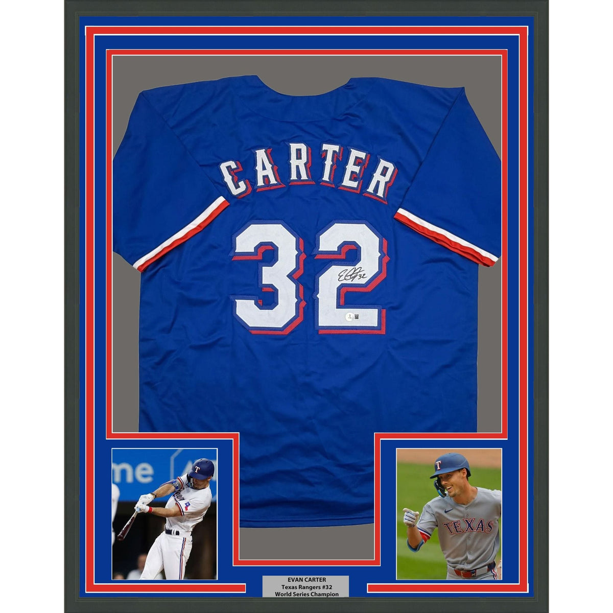 Framed Autographed/Signed Evan Carter 35x39 Texas Blue Baseball Jersey Beckett BAS COA