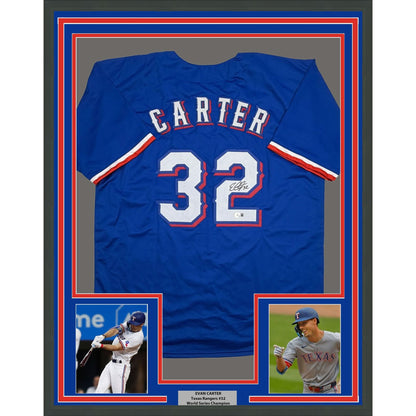 Framed Autographed/Signed Evan Carter 35x39 Texas Blue Baseball Jersey Beckett BAS COA