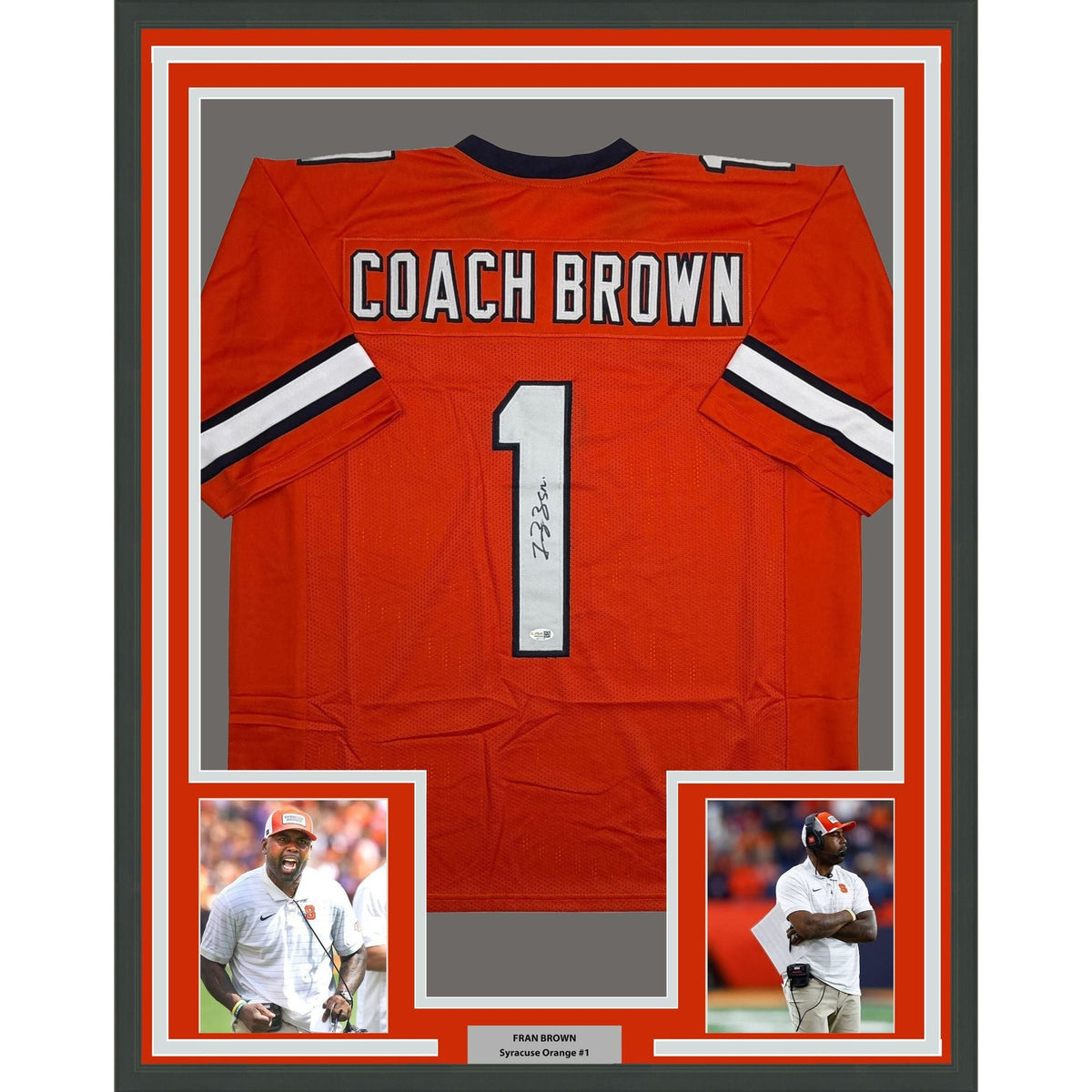 Framed Autographed/Signed Coach Fran Brown 35x39 Syracuse Orange College Football Jersey JSA COA