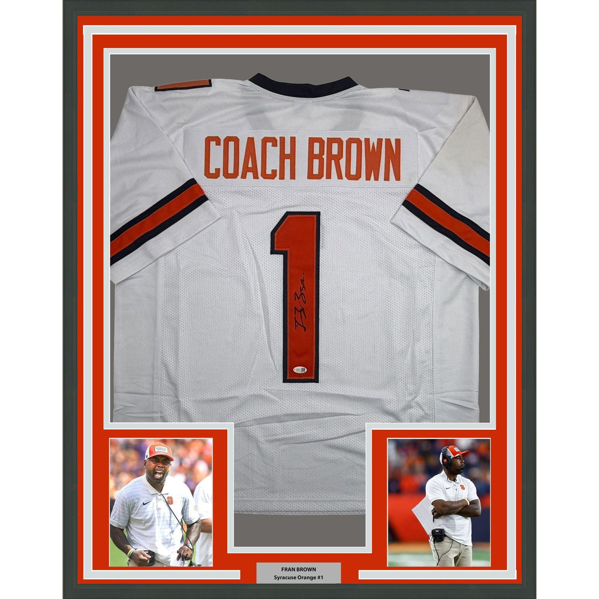 Framed Autographed/Signed Coach Fran Brown 35x39 Syracuse White College Football Jersey JSA COA