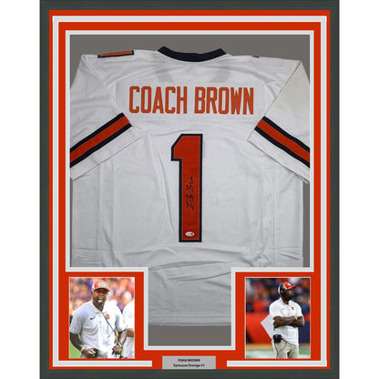 Framed Autographed/Signed Coach Fran Brown 35x39 Syracuse White College Football Jersey JSA COA
