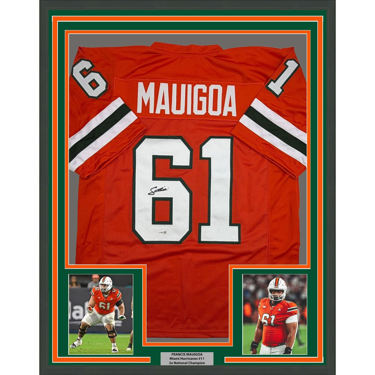 Framed Autographed/Signed Francis Mauigoa 35x39 Miami Orange College Football Jersey JSA COA