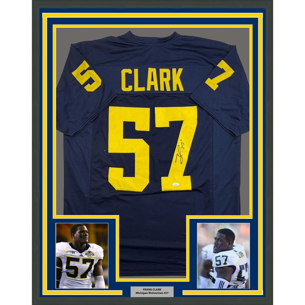 Framed Autographed/Signed Frank Clark 35x39 Michigan Blue College Football Jersey JSA COA