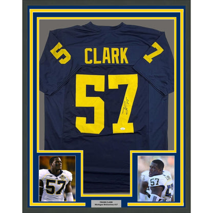 Framed Autographed/Signed Frank Clark 35x39 Michigan Blue College Football Jersey JSA COA