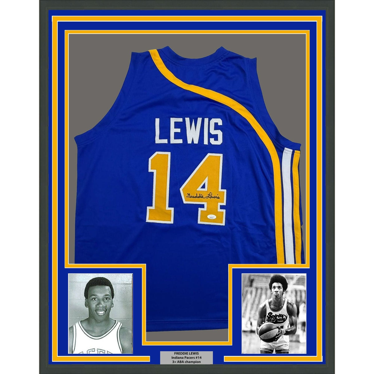 Framed Autographed/Signed Freddie Lewis 35x39 Indiana Blue Basketball Jersey JSA COA