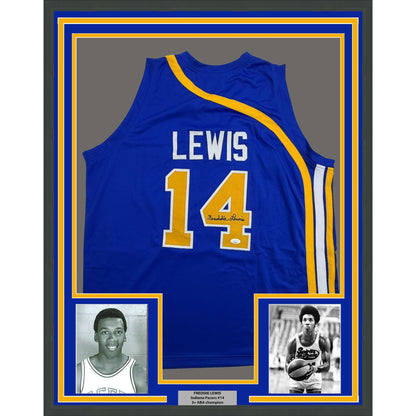 Framed Autographed/Signed Freddie Lewis 35x39 Indiana Blue Basketball Jersey JSA COA