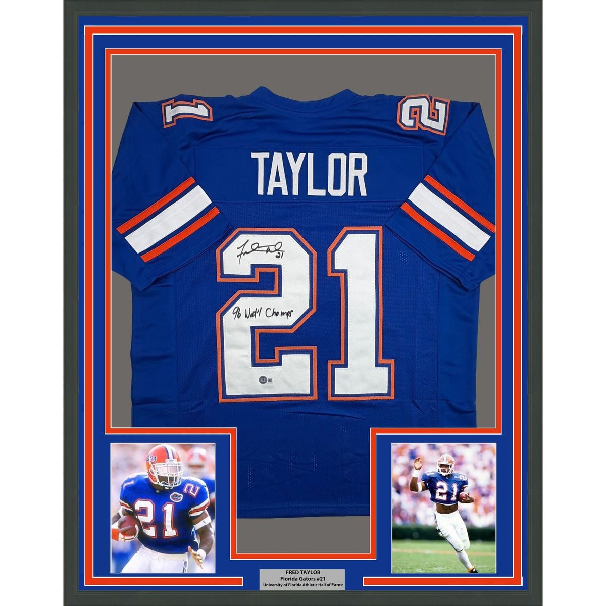 Framed Autographed/Signed Fred Taylor 35x39 Florida Blue College Football Jersey Beckett BAS COA