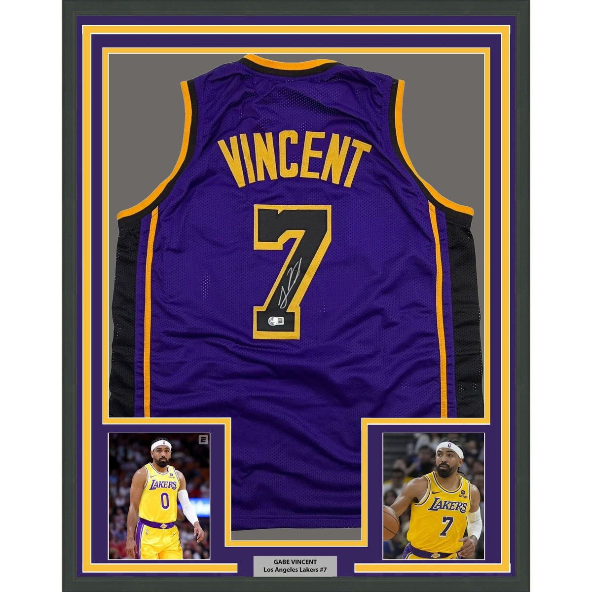 Framed Autographed/Signed Gabe Vincent 35x39 Los Angeles Purple Basketball Jersey Beckett BAS COA