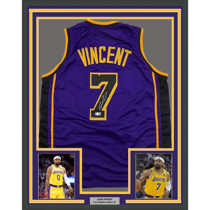 Framed Autographed/Signed Gabe Vincent 35x39 Los Angeles Purple Basketball Jersey Beckett BAS COA