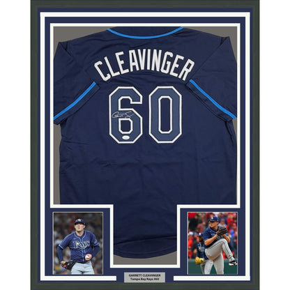 Framed Autographed/Signed Garrett Cleavinger 35x39 Tampa Bay Navy Blue Baseball Jersey JSA COA