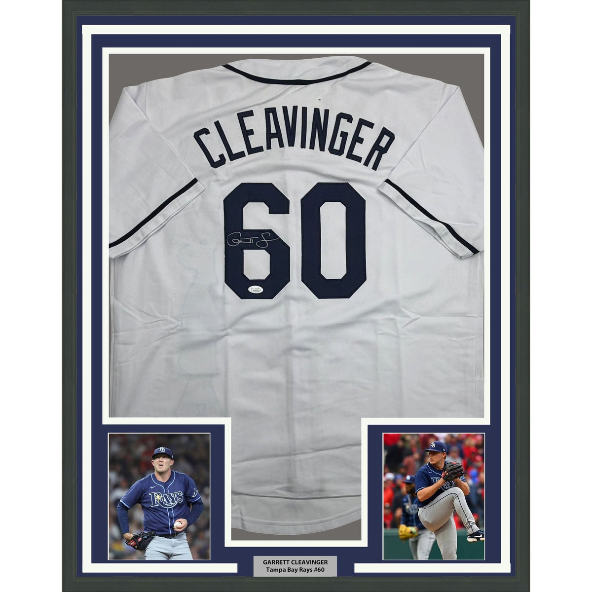 Framed Autographed/Signed Garrett Cleavinger 35x39 Tampa Bay White Baseball Jersey JSA COA