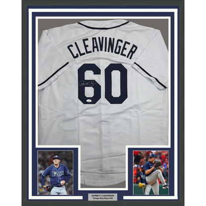 Framed Autographed/Signed Garrett Cleavinger 35x39 Tampa Bay White Baseball Jersey JSA COA