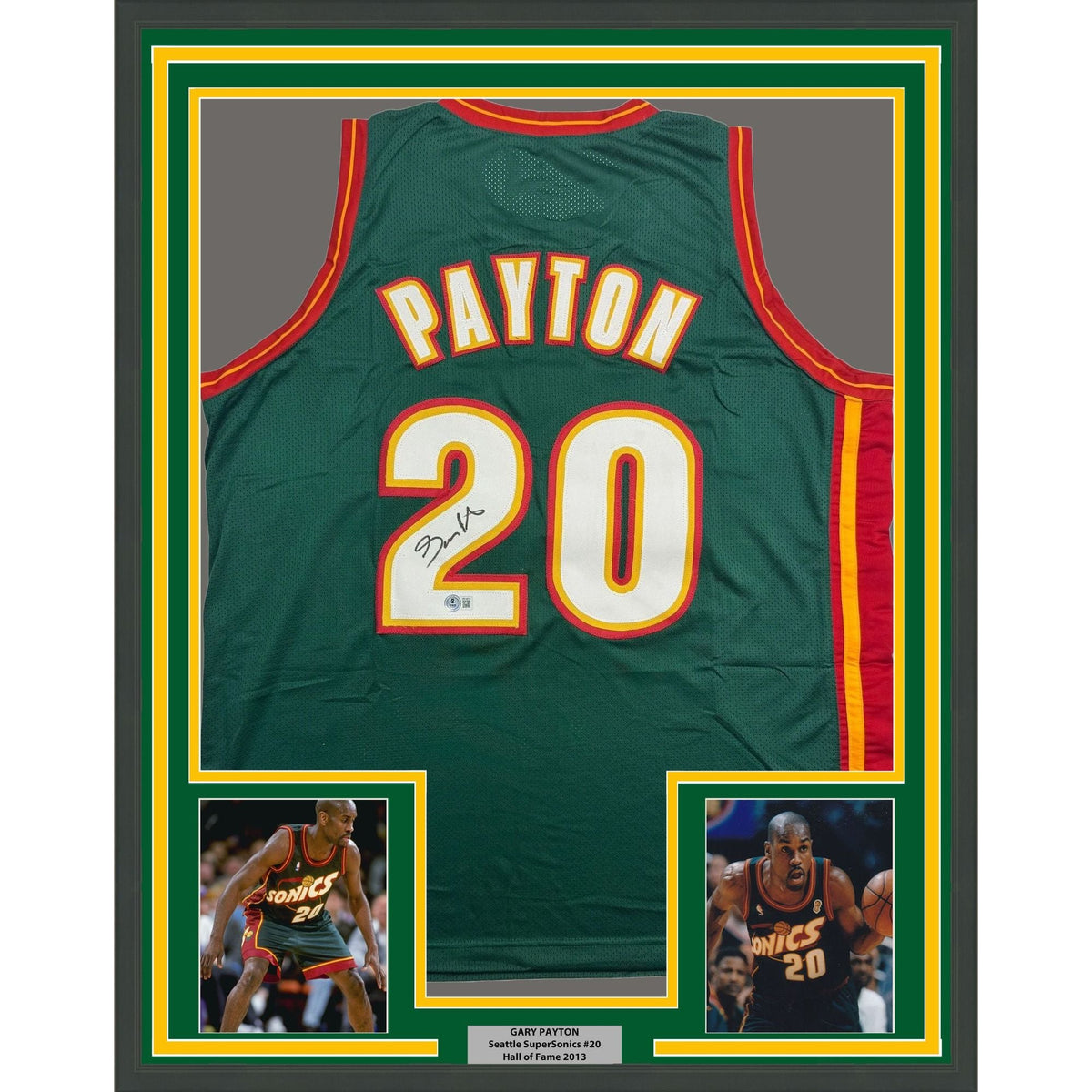 Framed Autographed/Signed Gary Payton 35x39 Seattle Green Basketball Jersey Beckett BAS COA