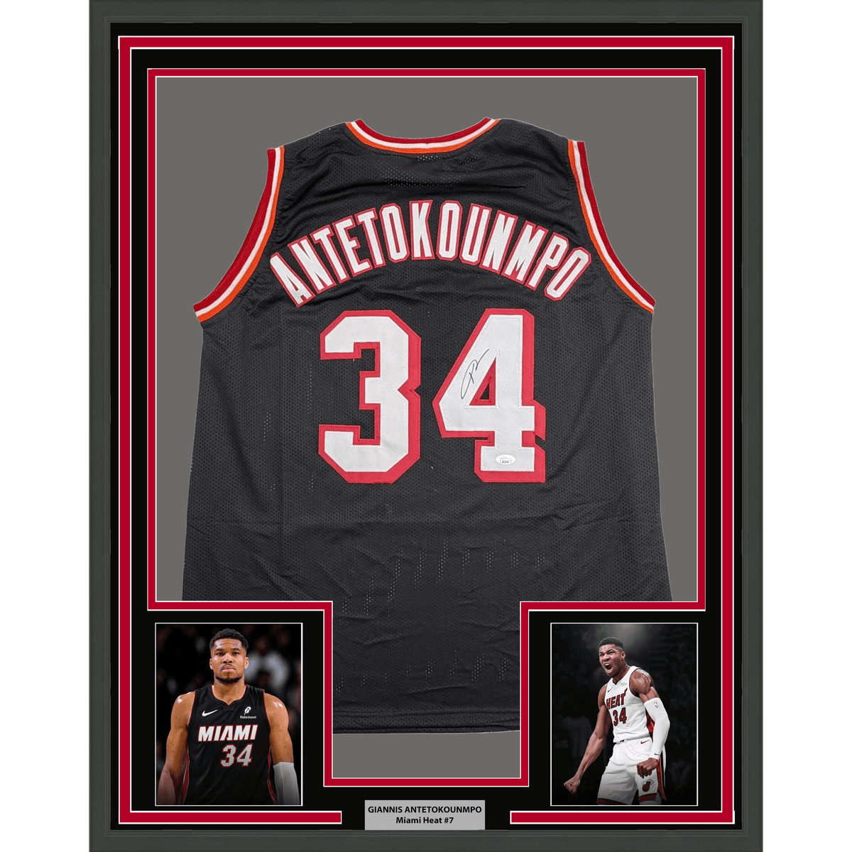 Framed Autographed/Signed Giannis Antetokounmpo 35x39 Miami Heat Black Retro Basketball Jersey JSA COA