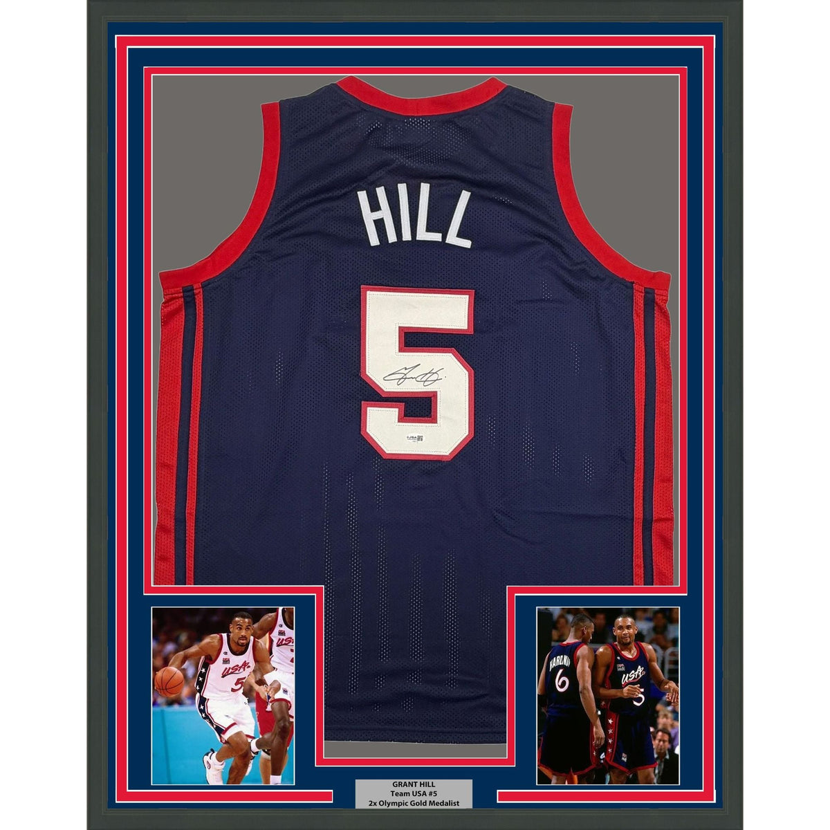 Framed Autographed/Signed Grant Hill 35x39 United States USA Olympics Blue Basketball Jersey JSA COA