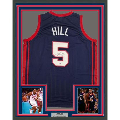 Framed Autographed/Signed Grant Hill 35x39 United States USA Olympics Blue Basketball Jersey JSA COA