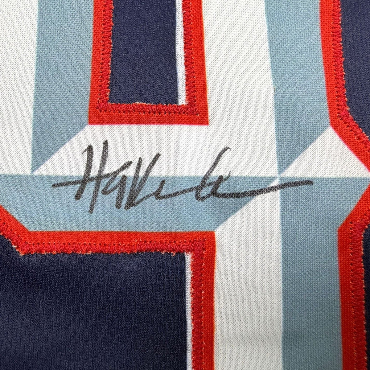 Framed Autographed/Signed Hakeem Olajuwon 35x39 Houston Blue Basketball Jersey JSA COA