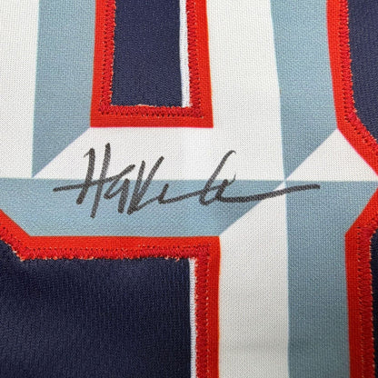 Framed Autographed/Signed Hakeem Olajuwon 35x39 Houston Blue Basketball Jersey JSA COA
