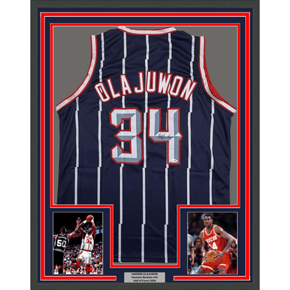 Framed Autographed/Signed Hakeem Olajuwon 35x39 Houston Blue Basketball Jersey JSA COA