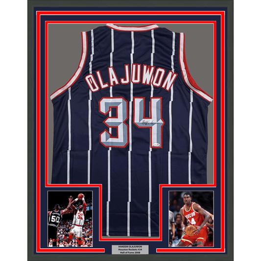 Framed Autographed/Signed Hakeem Olajuwon 35x39 Houston Blue Basketball Jersey JSA COA