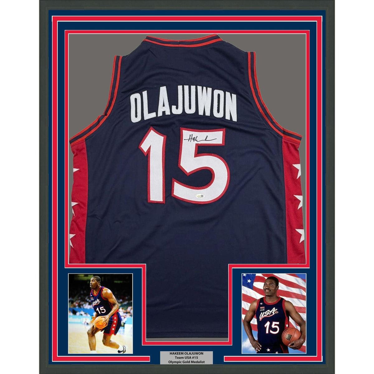 Framed Autographed/Signed Hakeem Olajuwon 35x39 United States USA Olympics Blue Basketball Jersey JSA COA