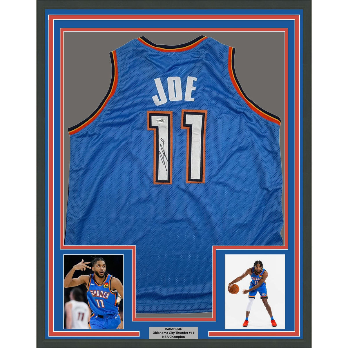 Framed Autographed/Signed Isaiah Joe 35x39 Oklahoma City OKC Blue Basketball Jersey JSA COA