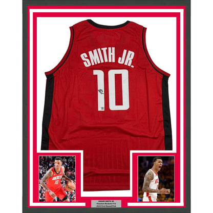 Framed Autographed/Signed Jabari Smith Jr. 35x39 Houston Red Basketball Jersey Tristar COA