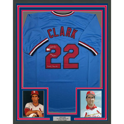 Framed Autographed/Signed Jack Clark 35x39 St. Louis Blue Baseball Jersey Beckett BAS COA