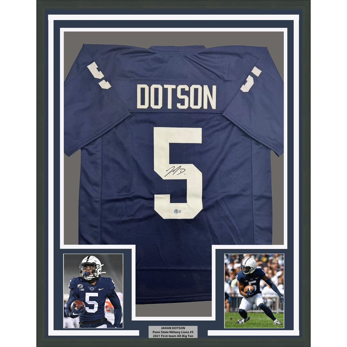 Framed Autographed/Signed Jahan Dotson 35x39 Penn State Blue College Football Jersey Beckett BAS COA