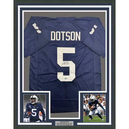 Framed Autographed/Signed Jahan Dotson 35x39 Penn State Blue College Football Jersey Beckett BAS COA