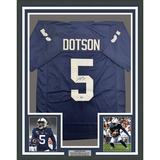 Framed Autographed/Signed Jahan Dotson 35x39 Penn State Blue College Football Jersey Beckett BAS COA