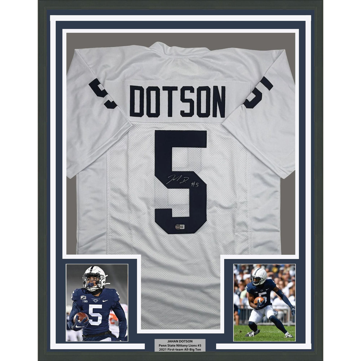 Framed Autographed/Signed Jahan Dotson 35x39 Penn State White College Football Jersey Beckett BAS COA