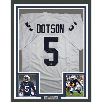 Framed Autographed/Signed Jahan Dotson 35x39 Penn State White College Football Jersey Beckett BAS COA