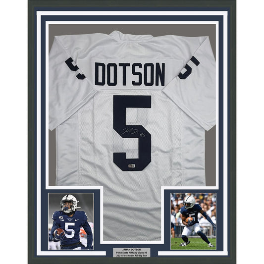 Framed Autographed/Signed Jahan Dotson 35x39 Penn State White College Football Jersey Beckett BAS COA