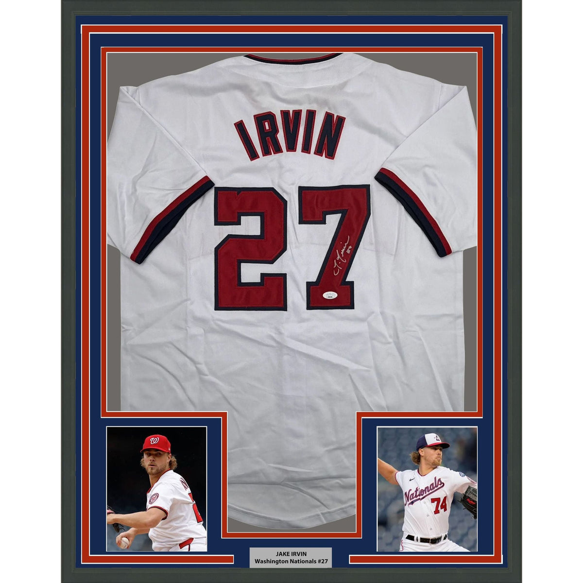 Framed Autographed/Signed Jake Irvin 35x39 Washington White Baseball Jersey JSA COA