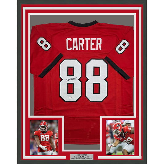 Framed Autographed/Signed Jalen Carter 35x39 Georgia Red College Football Jersey JSA COA