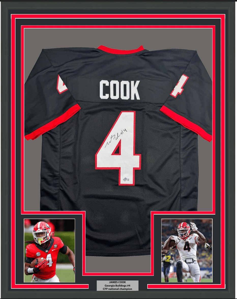 Framed Autographed/Signed James Cook 35x39 Georgia Black College Football Jersey Beckett BAS COA