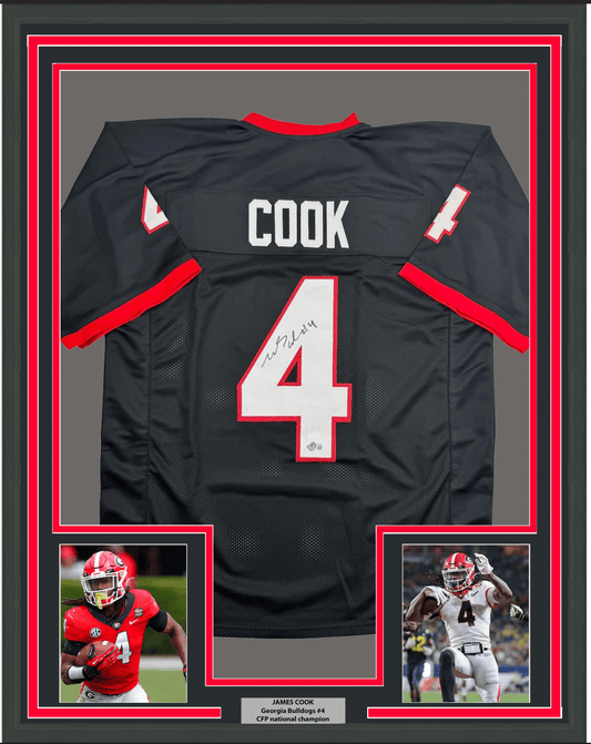 Framed Autographed/Signed James Cook 35x39 Georgia Black College Football Jersey Beckett BAS COA